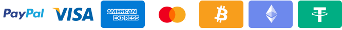 Metody płatności: PayPal, Visa, Mastercard, American Express, Bitcoin, Ethereum, Tether